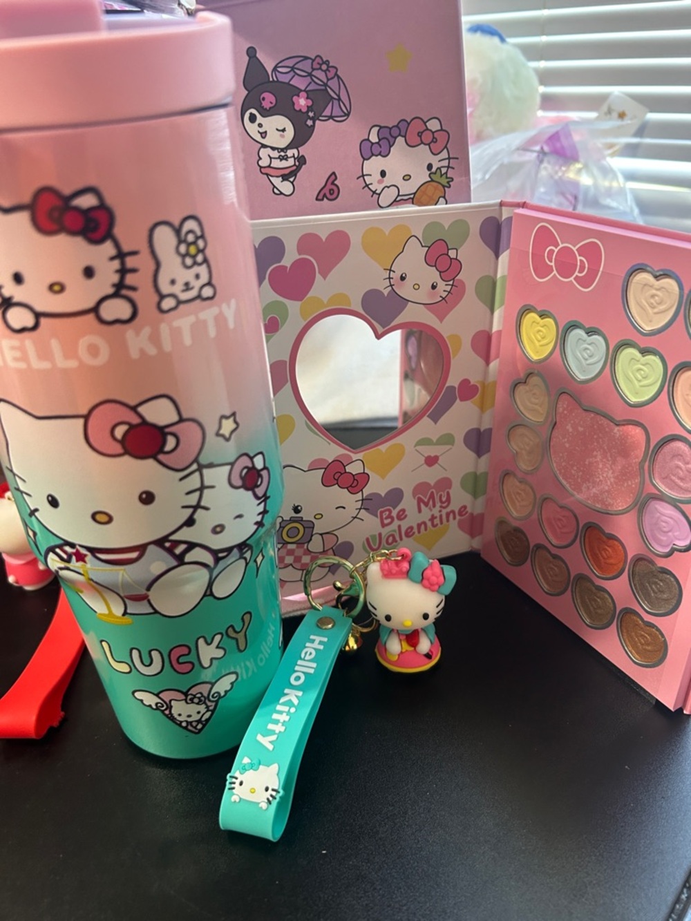 Hello Kitty Pink & Teal Travel Tumbler with  Eyeshadow & Keychain